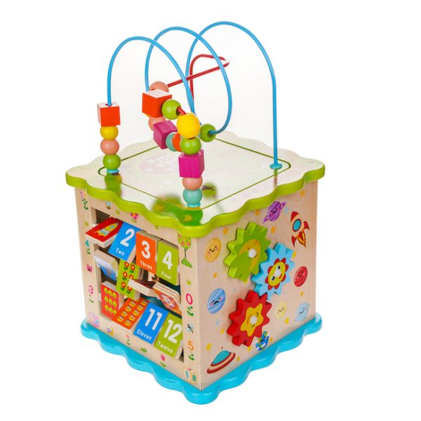 Jucarie educativa pentru copii, cub din lemn multifunctional 5 in 1, cu diverse mini jocuri, forme, ceas, labirint - imagine 3