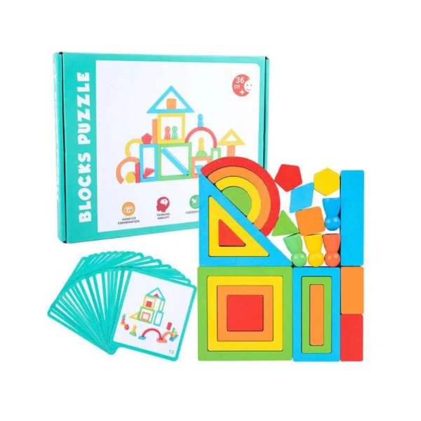 Puzzle educativ din lemn, joc de construit pentru copii, multicolor, 3+