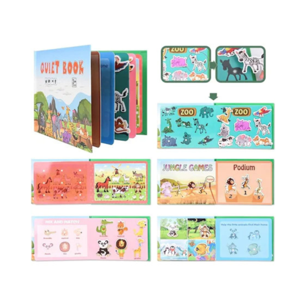 Carte cu activitati pentru copii, Quiet Book cu stickere, 10 pagini, model cu animale - imagine 3