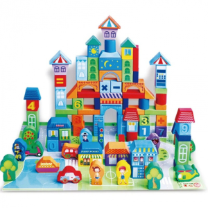 Set 100 cuburi de construit din lemn pentru copii, Joc educativ, Urban Traffic Blocks, 3 ani+