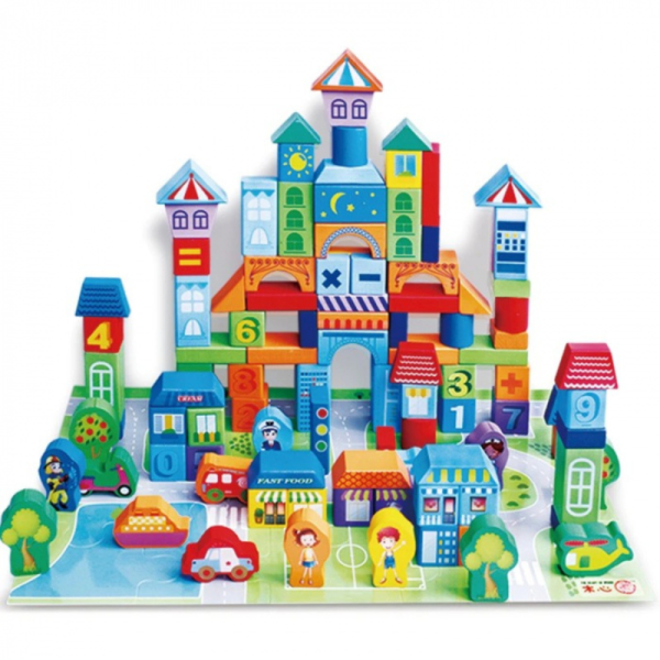 Set 100 cuburi de construit din lemn pentru copii, Joc educativ, Urban Traffic Blocks, 3 ani+