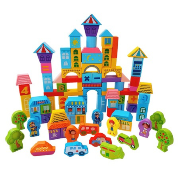 Set 100 cuburi de construit din lemn pentru copii, Joc educativ, Urban Traffic Blocks, 3 ani+ - imagine 2