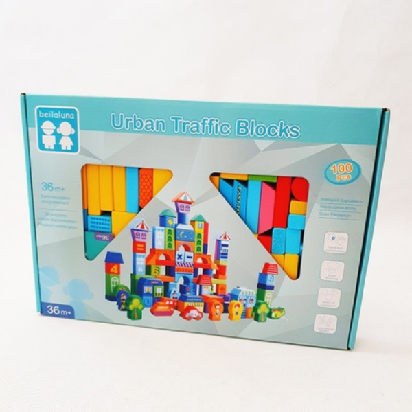 Set 100 cuburi de construit din lemn pentru copii, Joc educativ, Urban Traffic Blocks, 3 ani+ - imagine 3
