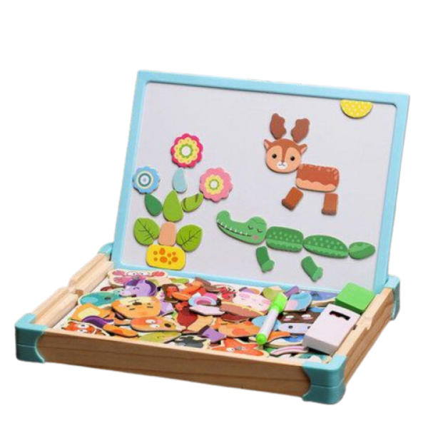 Tabla magnetica din lemn cu puzzle si accesorii, joc educativ pentru copii, 3+ - imagine 2