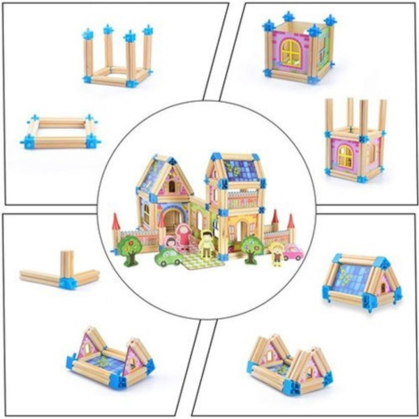 Set interactiv de constructie din lemn cu 128 piese pentru copii, Micul Arhitect, 3+ - imagine 3