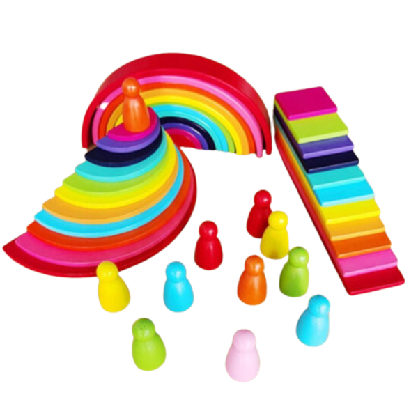 Set 45 piese din lemn tip Montessori, Rainbow Building Block, jucarie educativa copii, 3+ - imagine 3