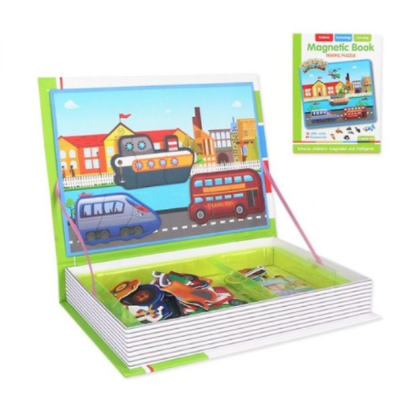 Carte magnetica cu puzzle vehicule, joc educativ si interactiv pentru copii, 3+