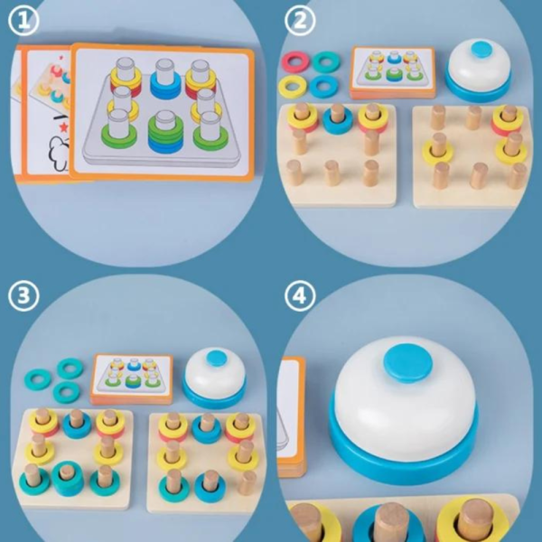 Joc educativ si interactiv format din suporti cu coloane, inele colorate si carduri cu sabloane - imagine 3