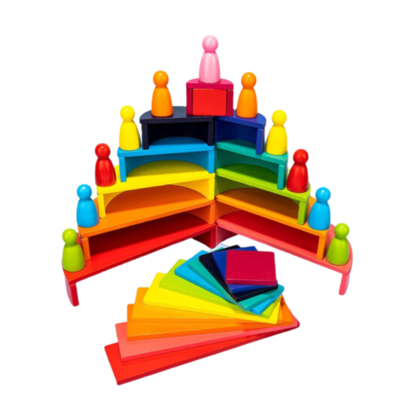 Set 45 piese din lemn tip Montessori, Rainbow Building Block, jucarie educativa copii, 3+