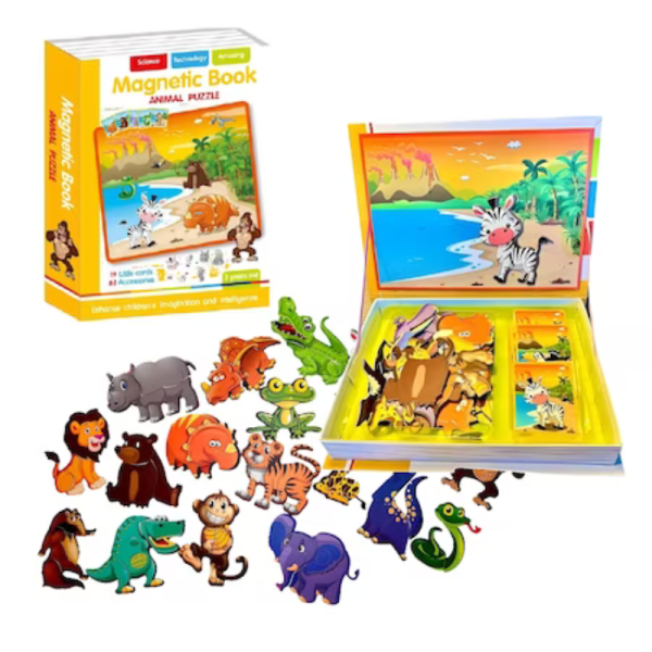 Carte magnetica cu puzzle animale, joc educativ si interactiv pentru copii, 3+