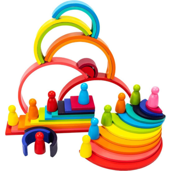 Set 45 piese din lemn tip Montessori, Rainbow Building Block, jucarie educativa copii, 3+ - imagine 5