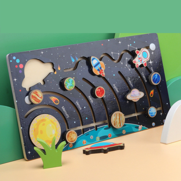 Joc educativ pentru copii, Puzzle labirint din lemn Sistemul Solar, Montessori, 10 piese - imagine 5