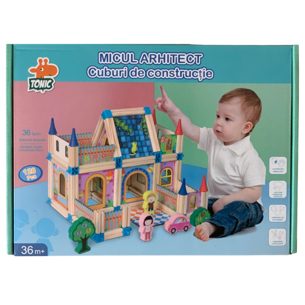 Set interactiv de constructie din lemn cu 128 piese pentru copii, Micul Arhitect, 3+ - imagine 6