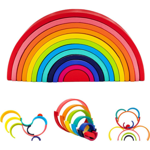 Set 45 piese din lemn tip Montessori, Rainbow Building Block, jucarie educativa copii, 3+ - imagine 6