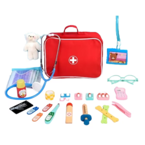 Trusa medicala pentru copii, Stuniko® Set 28 accesorii din lemn, plastic si metal, jucarie interactiva de rol, Rosu, 3 ani+