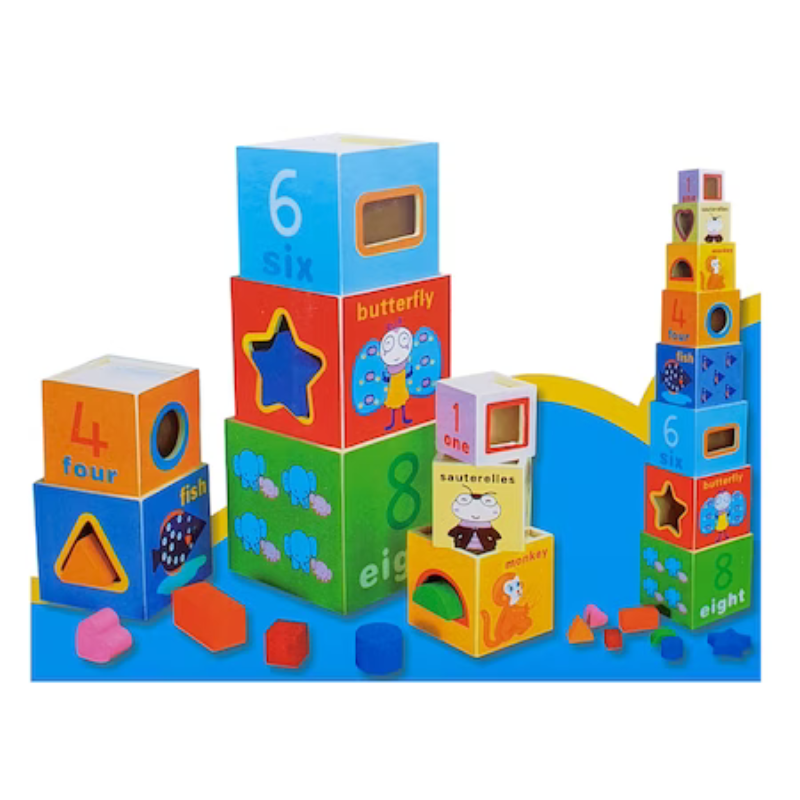 Jucarie Turnul din lemn format din 8 cuburi cu cifre, animale si sortatator pentru diferite forme, Montessori - imagine 2