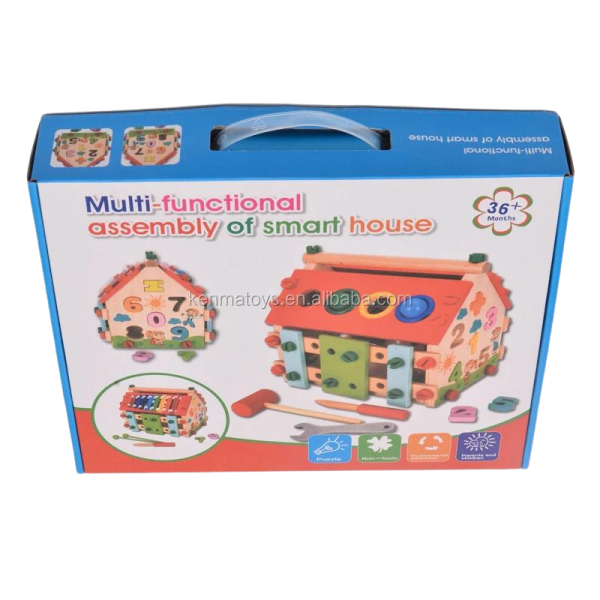 Jucarie educativa si interactiva pentru copii, Casuta multifunctionala din lemn, set de constructie cu unelte, suruburi, bile, cifre si xilofon, 3+ - imagine 2