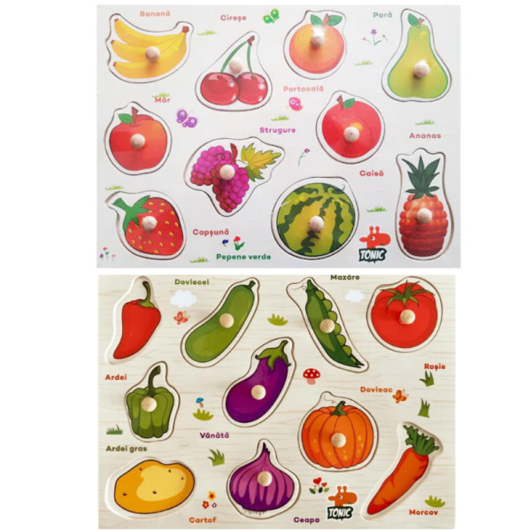 Set 2 puzzle incastru din lemn in limba romana cu fructe si legume pentru copii. 3+