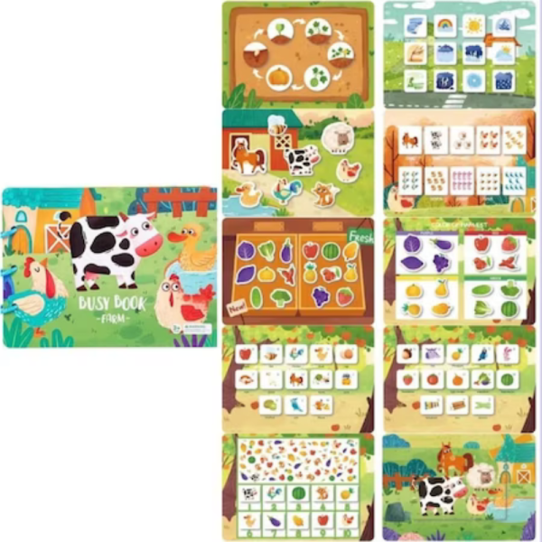 Carte educativa cu stickere Busy Book, model cu Ferma,  legume, fructe si animale, 10 pagini - imagine 2