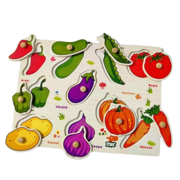 Set 2 puzzle incastru din lemn in limba romana cu fructe si legume pentru copii. 3+ - imagine 2