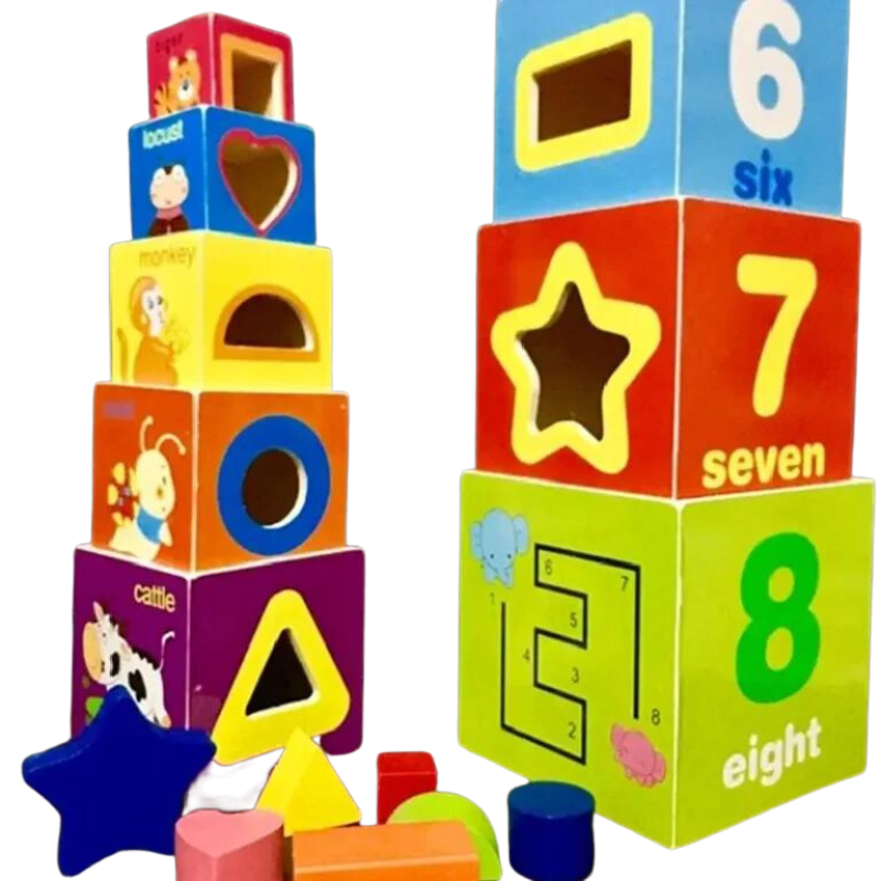 Jucarie Turnul din lemn format din 8 cuburi cu cifre, animale si sortatator pentru diferite forme, Montessori - imagine 4