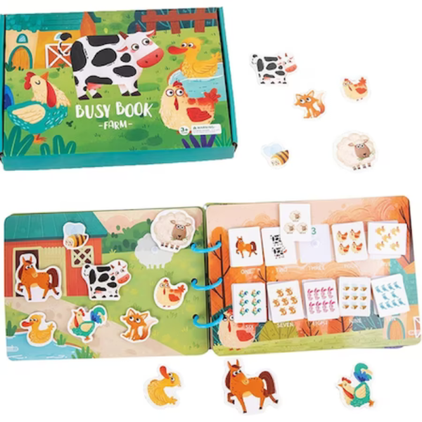 Carte educativa cu stickere Busy Book, model cu Ferma,  legume, fructe si animale, 10 pagini - imagine 3