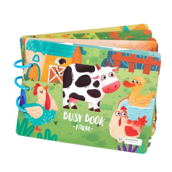 Carte educativa cu stickere Busy Book, model cu Ferma,  legume, fructe si animale, 10 pagini