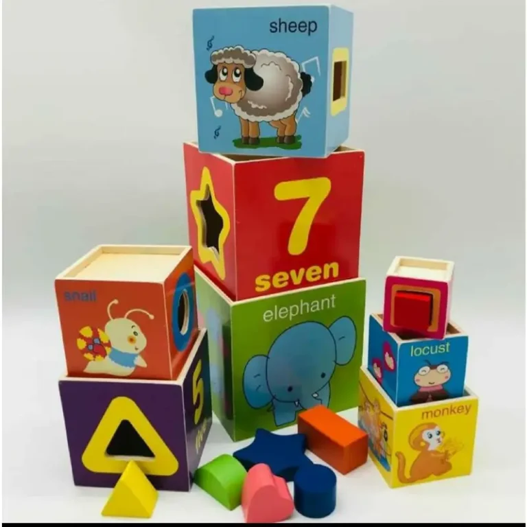 Jucarie Turnul din lemn format din 8 cuburi cu cifre, animale si sortatator pentru diferite forme, Montessori - imagine 5