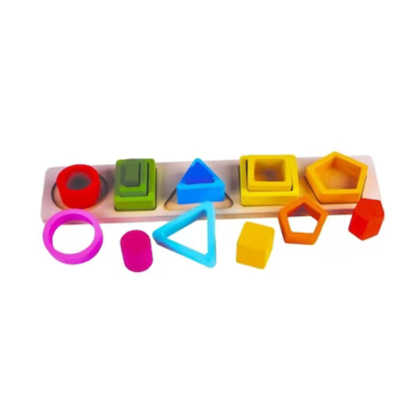 Jucarie educativa Montessori pentru copii, sortator din lemn cu forme geometrice, 5 coloane si 15 piese - imagine 2
