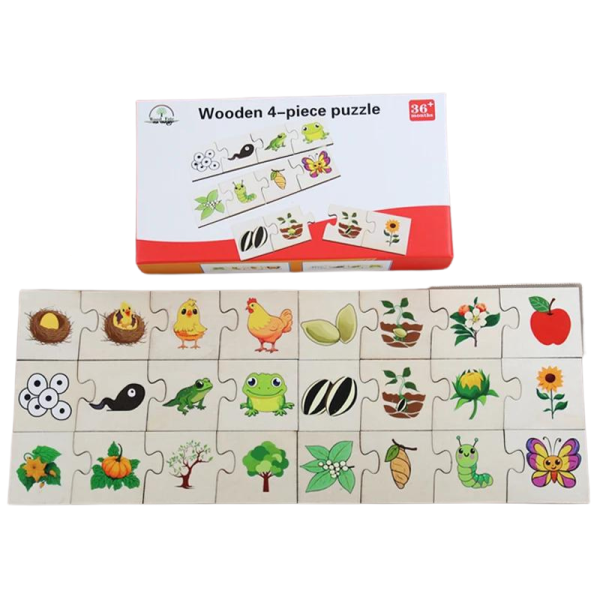 Puzzle educativ de asociere din 4 piese pentru copii, evolutia animalelor, Montessori, 24 piese