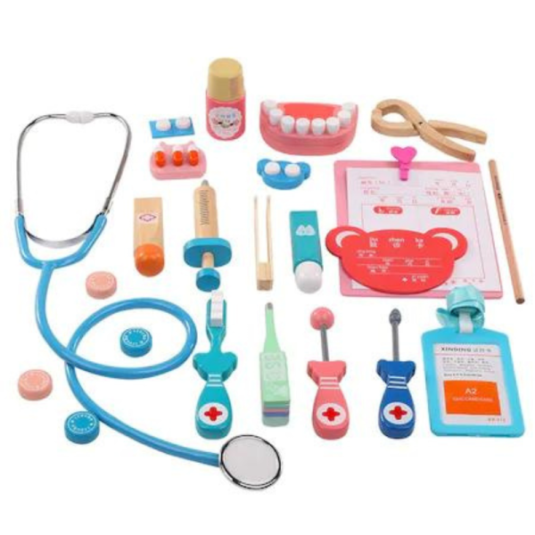 Trusa medicala de stomatolog pentru copii, set 23 accesorii din lemn, plastic si metal, jucarie interactiva de rol, Rosu