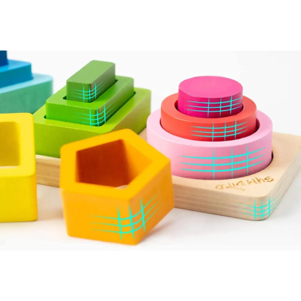 Jucarie educativa Montessori pentru copii, sortator din lemn cu forme geometrice, 5 coloane si 15 piese - imagine 3