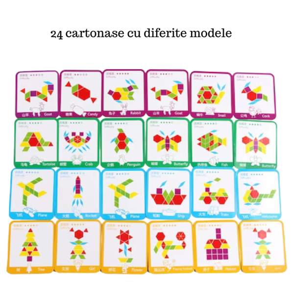 Joc educativ si creativ pentru copii, Tangram cu 155 piese multicolore si 24 carduri model - imagine 4