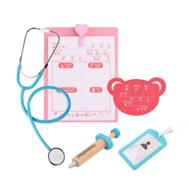 Trusa medicala de stomatolog pentru copii, set 23 accesorii din lemn, plastic si metal, jucarie interactiva de rol, Rosu - imagine 4