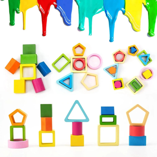 Jucarie educativa Montessori pentru copii, sortator din lemn cu forme geometrice, 5 coloane si 15 piese - imagine 4