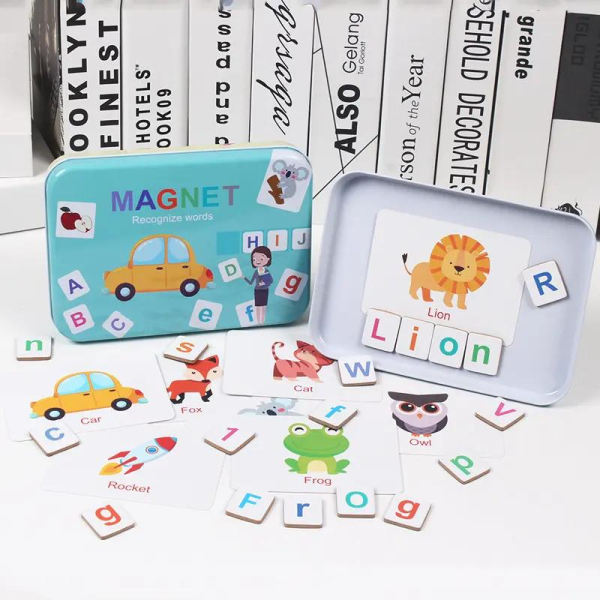 Joc magnetic cu litere si cifre pentru copii, recunoaste imaginile, 74 piese, 30 cartonase, cutie metalica - imagine 4