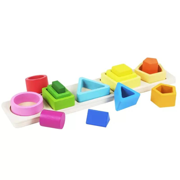 Jucarie educativa Montessori pentru copii, sortator din lemn cu forme geometrice, 5 coloane si 15 piese