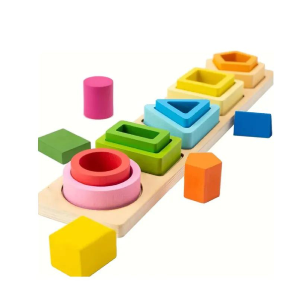 Jucarie educativa Montessori pentru copii, sortator din lemn cu forme geometrice, 5 coloane si 15 piese - imagine 6