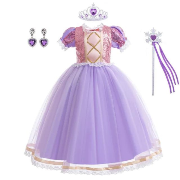 Rochita printesa Rapunzel cu accesorii, Mov, tesaturi premium, costum cosplay