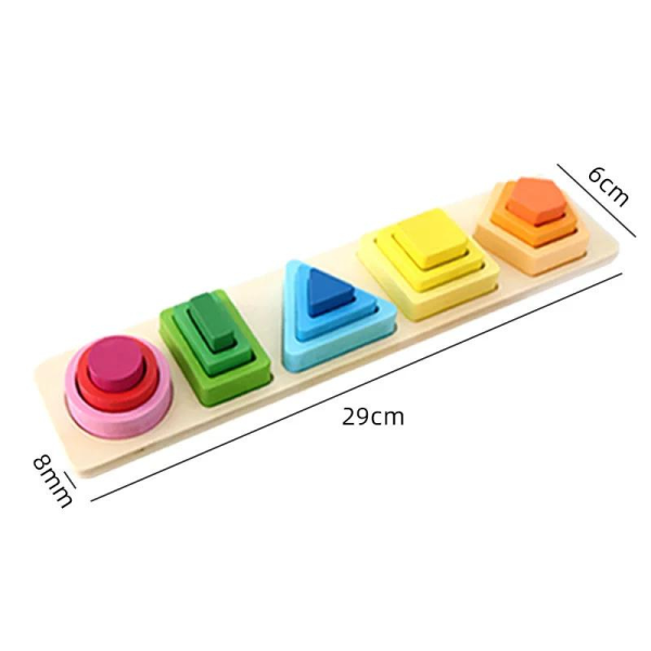 Jucarie educativa Montessori pentru copii, sortator din lemn cu forme geometrice, 5 coloane si 15 piese - imagine 7