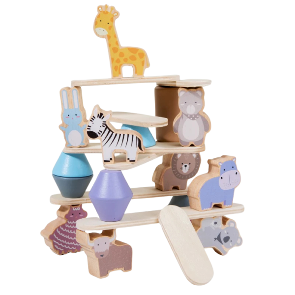 Joc din lemn de echilibru si stivuire pentru copii, creativ si interactiv, model cu animale, tip Jenga, multicolor, 3+ - imagine 3