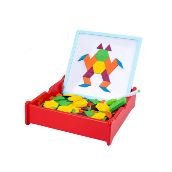 Puzzle Tangram magnetic din lemn, joc creativ de indemanare cu 196 piese si tabla magnetica cu suport pentru marker si burete, Montessori, multicolor