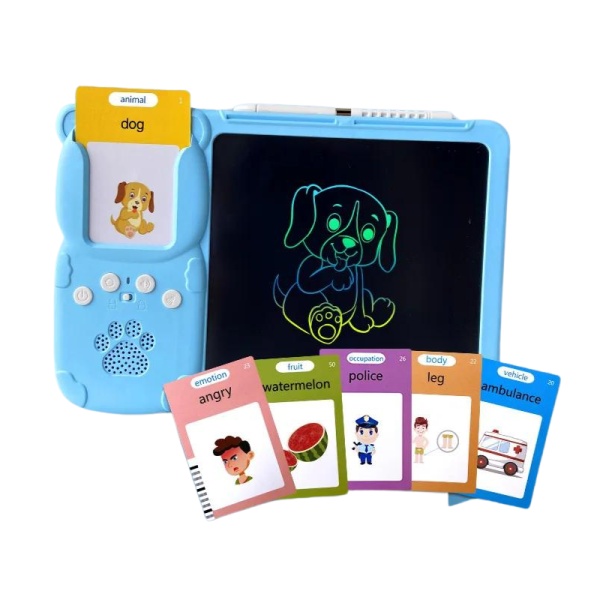 Jucarie educativa Montessori pentru copii 2 in 1, masina de invatare cuvinte in limba engleza cu cititor de carduri flash, 224 de cuvinte 112 carduri si tableta LCD pentru desenat,  incarcare MicroUSB, 3 ani+ - imagine 2