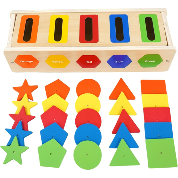 Joc educativ din lemn pentru copii, sortator dupa culori si forme geometrice, Montessori, 3+ - imagine 2