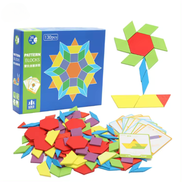 Tangram din lemn cu modele, joc educativ pentru copii, 130 piese, 3+