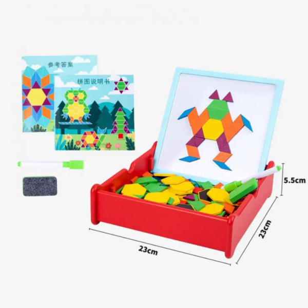 Puzzle Tangram magnetic din lemn, joc creativ de indemanare cu 196 piese si tabla magnetica cu suport pentru marker si burete, Montessori, multicolor - imagine 6