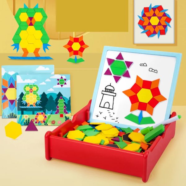 Puzzle Tangram magnetic din lemn, joc creativ de indemanare cu 196 piese si tabla magnetica cu suport pentru marker si burete, Montessori, multicolor - imagine 8