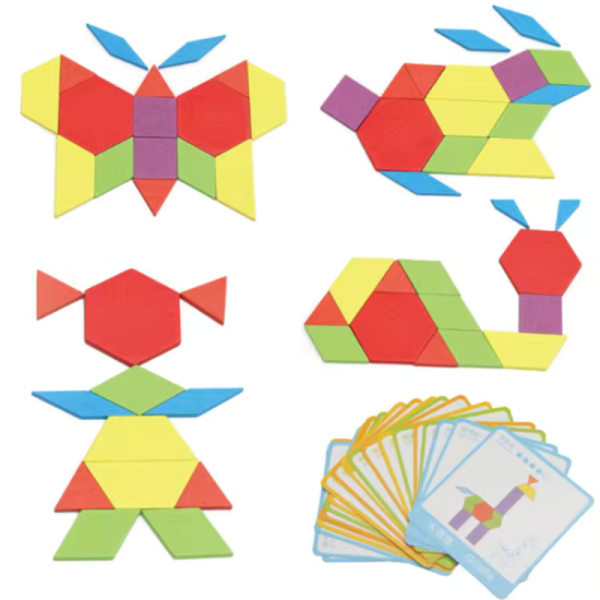 Tangram din lemn cu modele, joc educativ pentru copii, 130 piese, 3+ - imagine 7