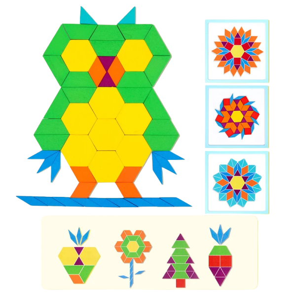 Puzzle Tangram magnetic din lemn, joc creativ de indemanare cu 196 piese si tabla magnetica cu suport pentru marker si burete, Montessori, multicolor - imagine 7