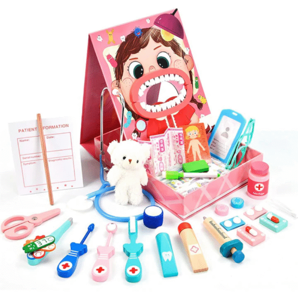 Joc de rol pentru copii, kit doctor stomatolog, 30 piese din lemn si plastic - imagine 9
